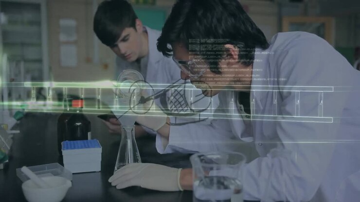 Animation of dna strand and data processing over diverse scientists in laboratory