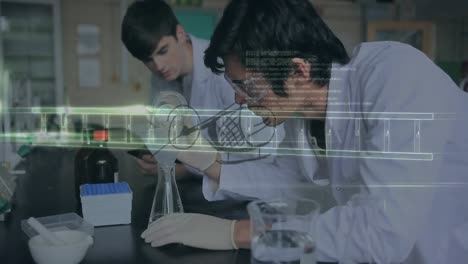 animation of dna strand and data processing over diverse scientists in laboratory