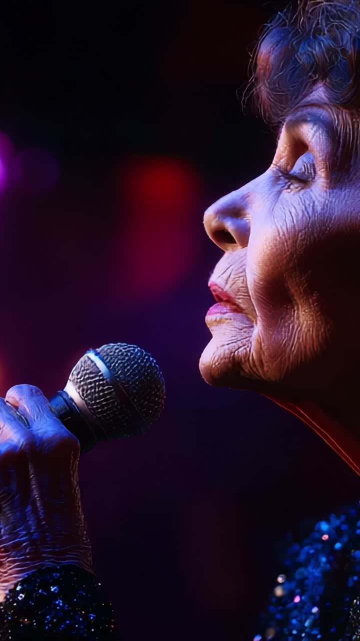 Performance accattivante: un cantante anziano sale sul palco con emozione e grazia, offrendo un'espressione vocale potente che tocca il cuore