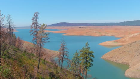 disturbing aerial over drought stricken california lake oroville with low water levels, receding shoreline and burned trees and forests