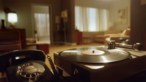 vintage record player and rotary phone in a retro living room
