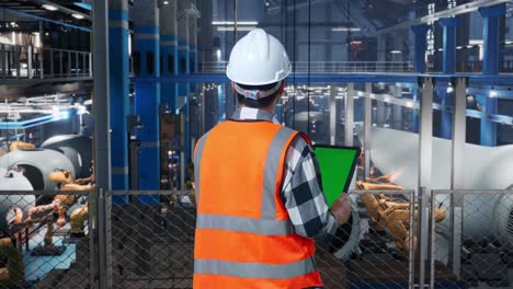 back view of asian male engineer with safety helmet using green screen tablet looking around in factory of wind turbines while robotic arm working