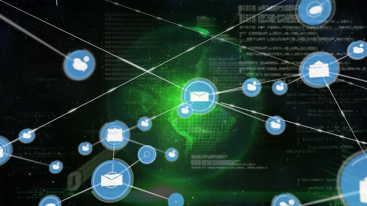 Animasjon av nettverk av digitale ikoner over roterende jordklode og databehandling