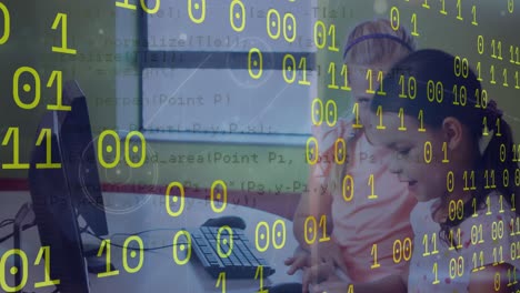 animación de codificación binaria y procesamiento de datos contra dos niñas diversas que usan computadora en la escuela