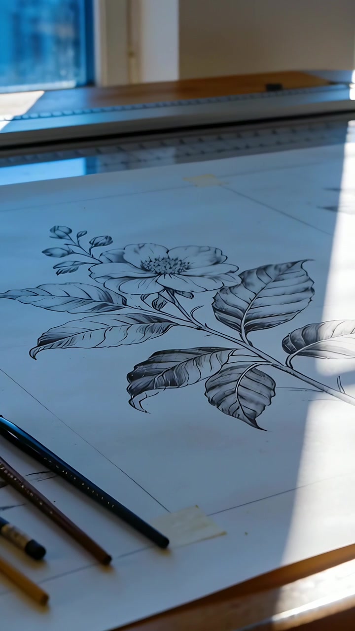 Video verticale: Telecamera in movimento che rivela un disegno a inchiostro su una scrivania da studio vicino a una finestra, con matite appoggiate.