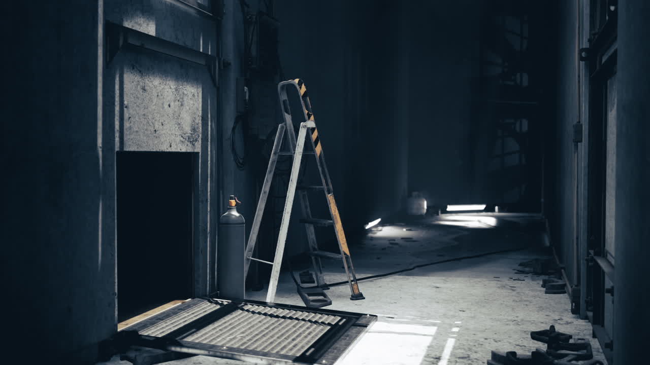 Abandoned industrial hallway with a ladder and scattered tools in dim light