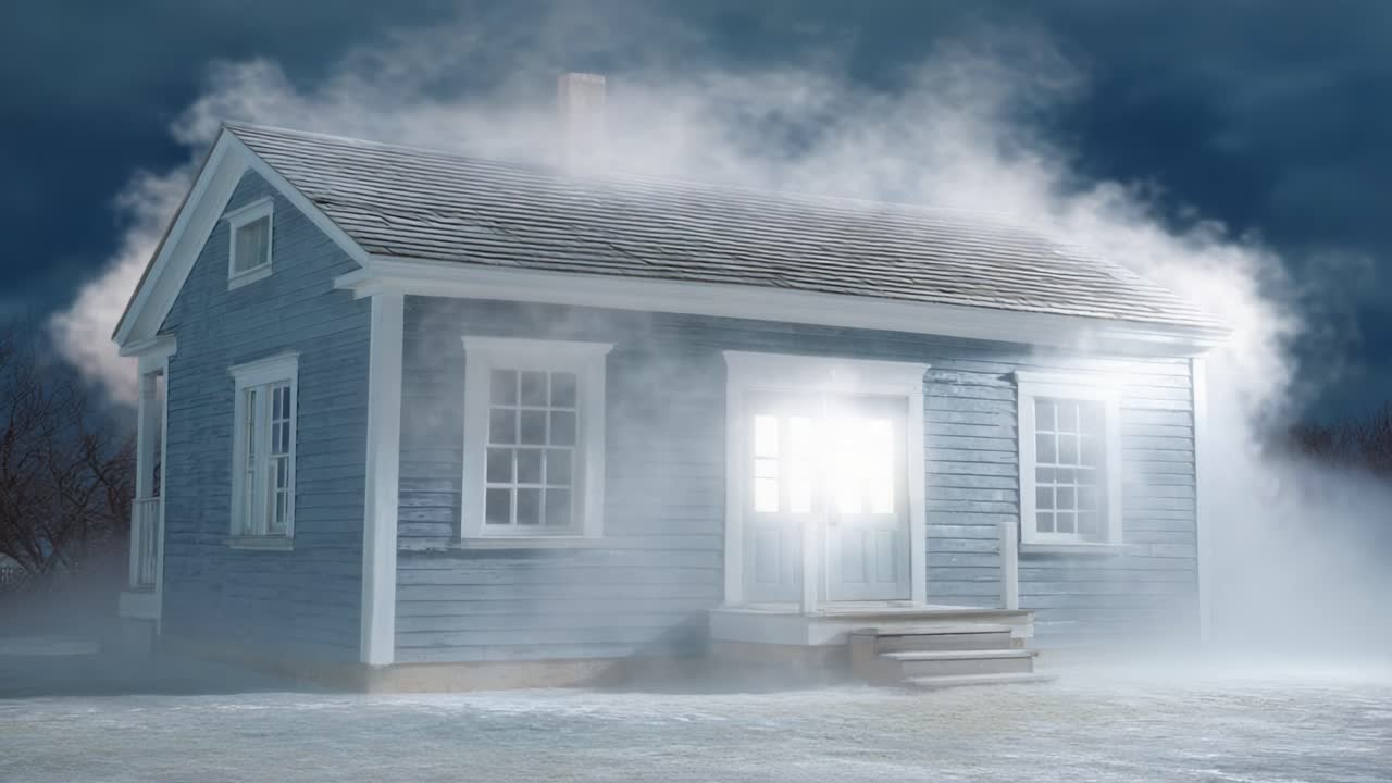 An Ethereal Haze Envelops a Quaint Blue House, Merging Reality with Surrealism as Wisps of Fog Drift Beneath the Moonlit Sky, Capturing an Otherworldly Essence