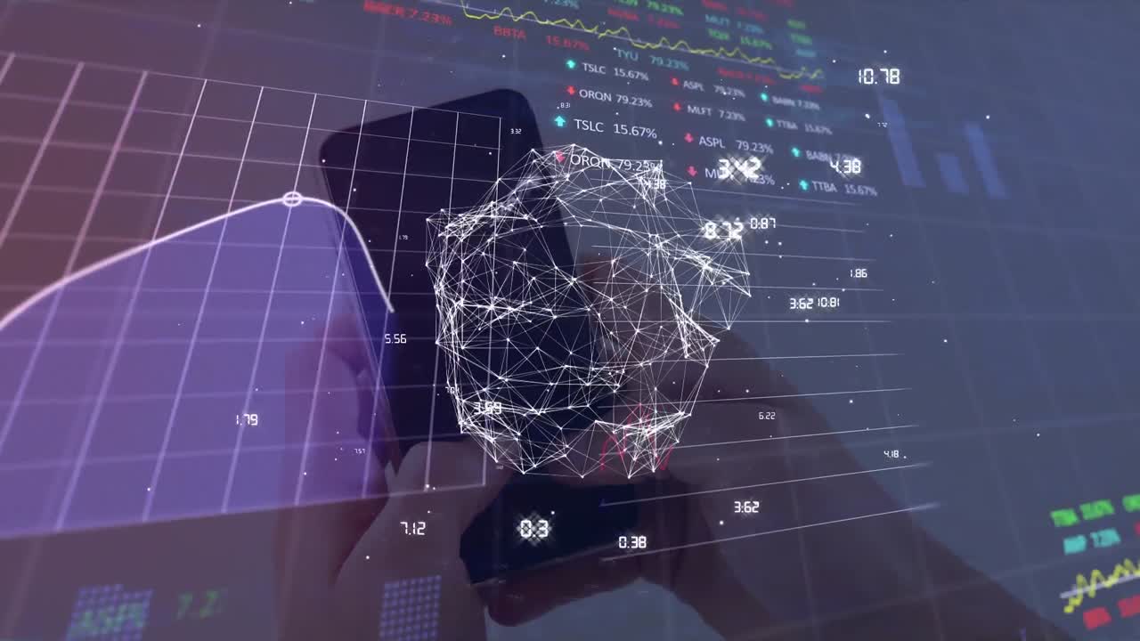 Animation of globe with network of connections and data processing over woman using smartphone
