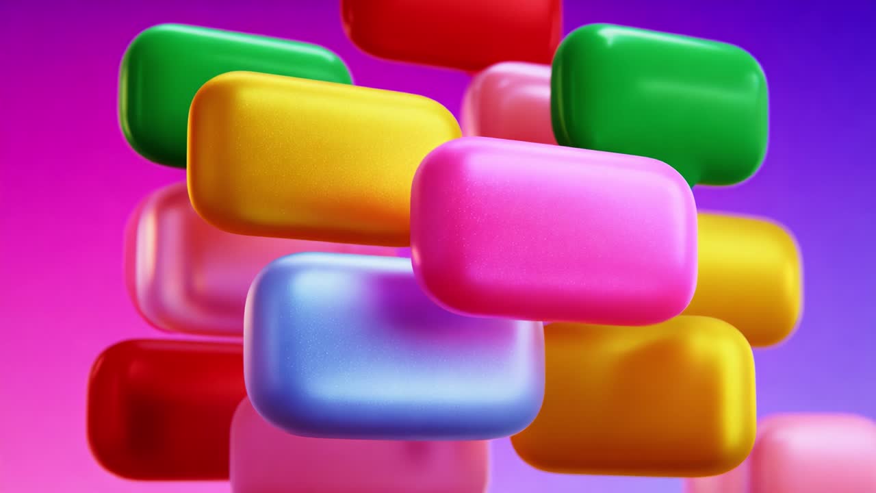 A Dynamic Arrangement of Vibrant Soap Bars Creating an Eye-Catching Visual Display in Soft Focus, Showcasing a Playful Interaction of Color and Form Against a Gradient Background