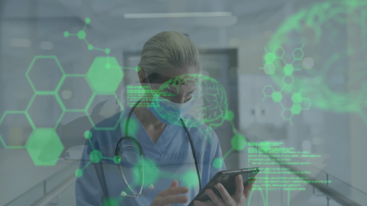 Animation of human brains and data processing over caucasian female doctor in face mask