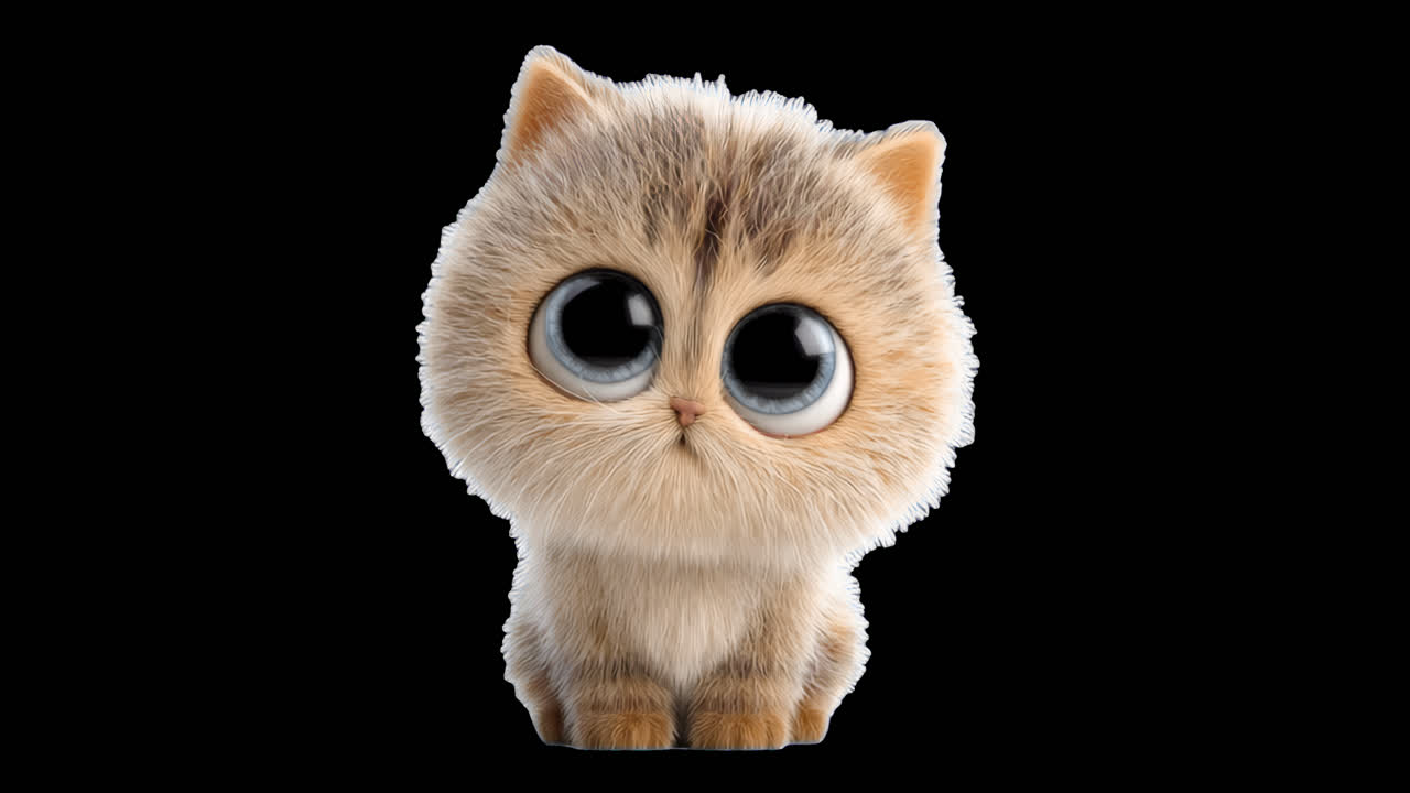 Adorable fluffy kitten with big eyes animation isolated asset, transparent 4K video, alpha channel