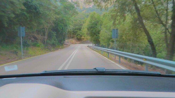 Una vista della strada agevole in un villaggio di Maiorca con la lussureggiante vegetazione degli alberi, catturata dal parabrezza dell'auto.
