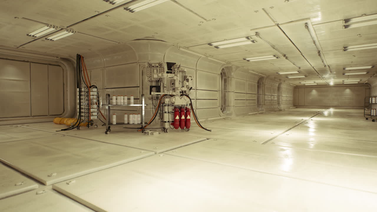 Interior hangar filled with industrial scaffolding and machinery