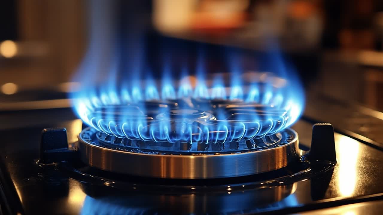 Gas burner flame in a modern kitchen. Bright blue flame emanates from a gas burner, illuminating a sleek kitchen setup during evening cooking.