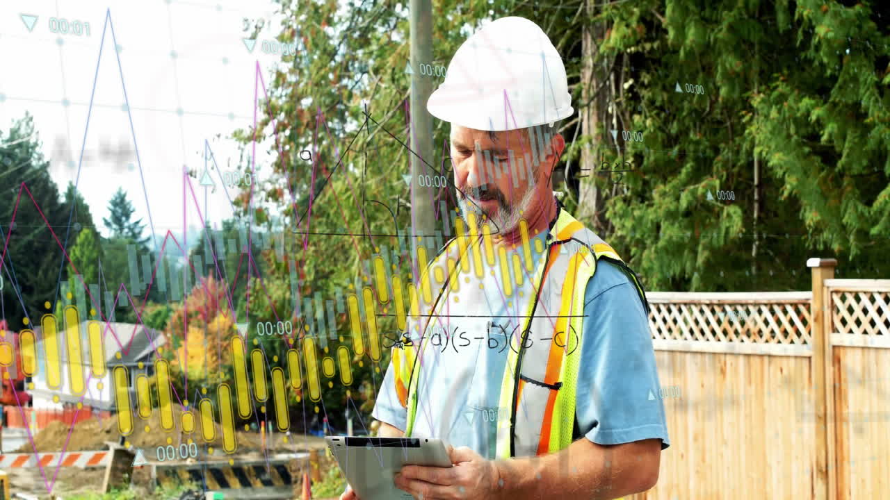 Animation of mathematical equations and data over caucasian male worker writing on clipboard
