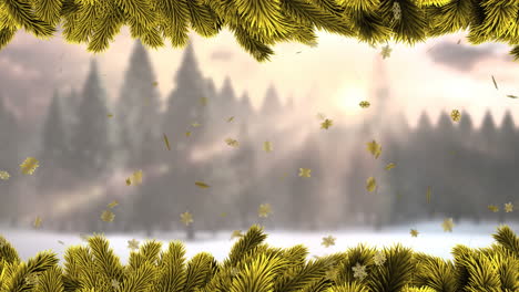 Animación-De-Ramas-De-Abeto-Navideño-Y-Estrellas-Doradas-Sobre-El-Fondo-Del-Paisaje-Invernal