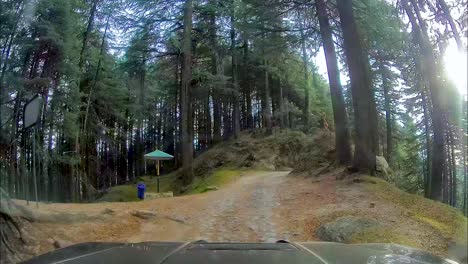 View-from-go-pro-mounted-on-front-of-SUV,-off-roading-through-dangerous-and-narrow-terrain-of-mountain-forest