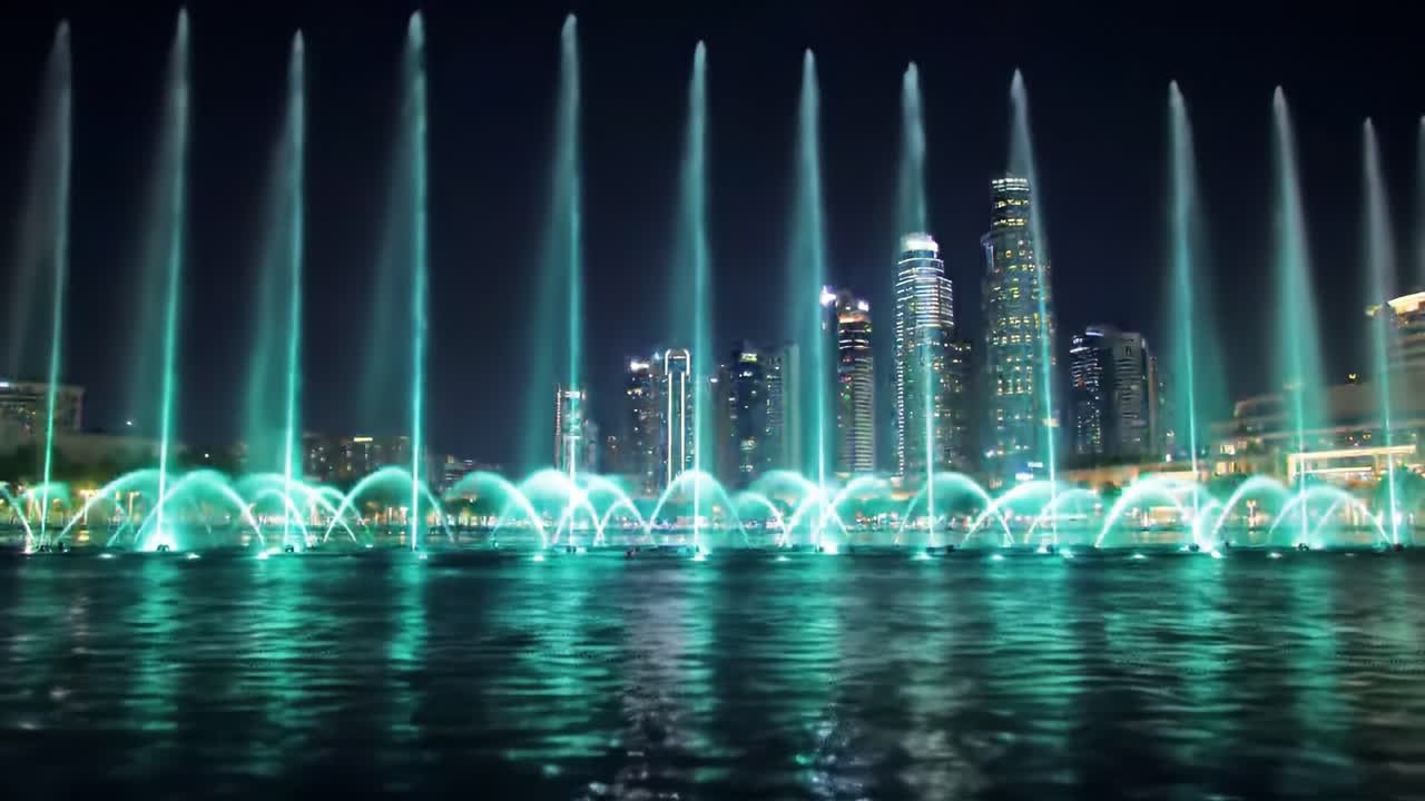 Mesmerizing Nighttime Water Fountain Show Featuring Dynamic Light Displays and Colorful Water Jets Against a Stunning Urban Skyline
