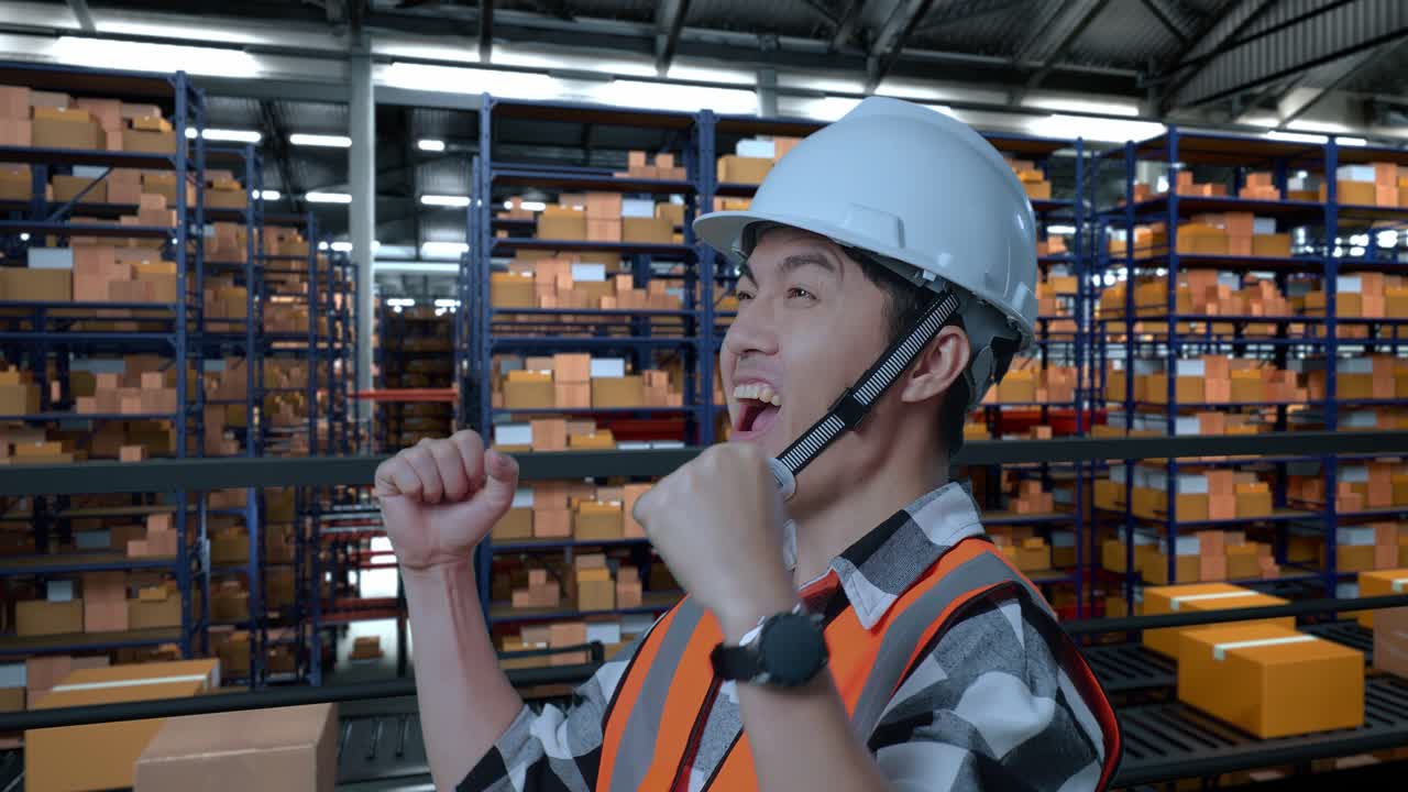 안전 헬을 입은 아시아 남성 엔지니어의 가까운 측면 뷰, 서서 비명을 지르는 골, 배달 상품으로 가득 찬 선반으로 창고에서 일하는 것을 축하합니다.