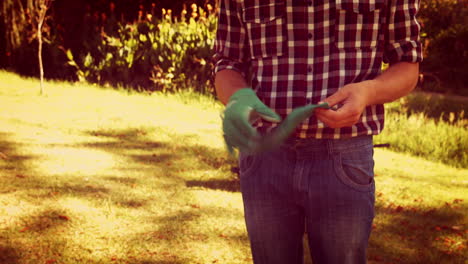 hombre poniendo guante de jardinería en el parque