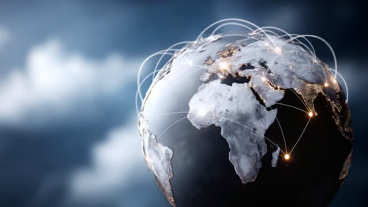 A Stunning Glimpse of Earth: A Stylized Globe Connecting Continents with Light Lines and Networks, Representing Global Communication and Connectivity in Action