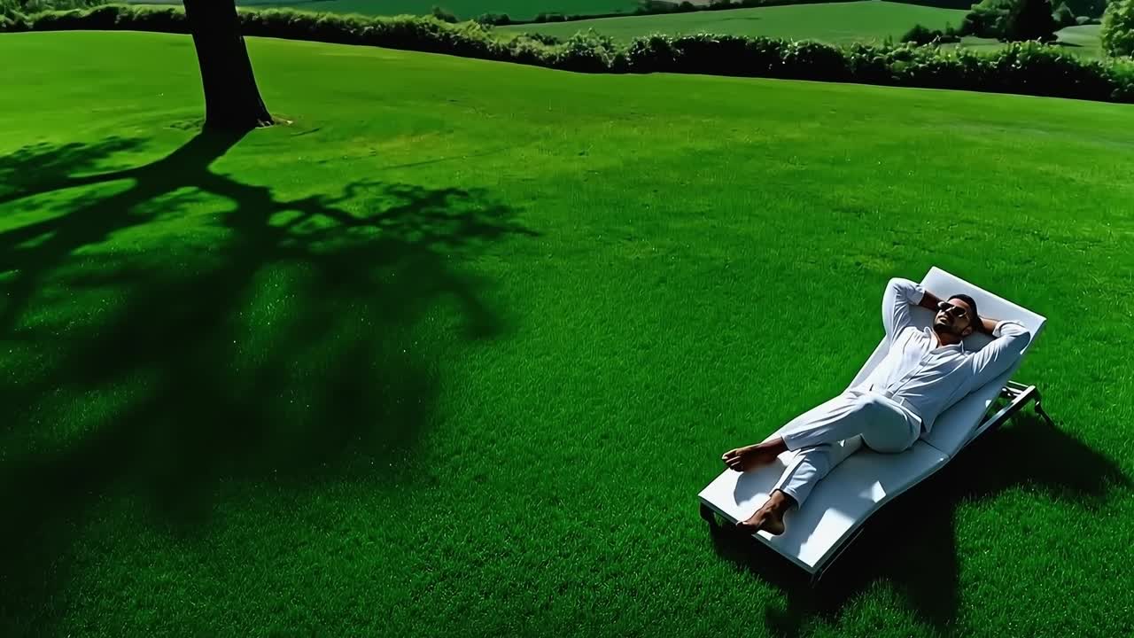 A man laying on a lounge chair in the grass