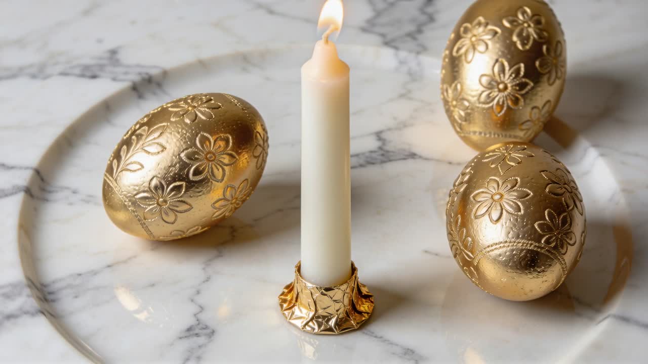 Candle flame flickering, nudging gold eggs rotating and rolling inward, casting marble reflections
