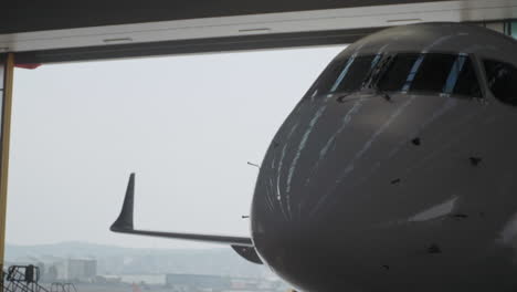 radar dome of airplane standing in huge aircraft hangar with turkish red flag waving with wind near landing field