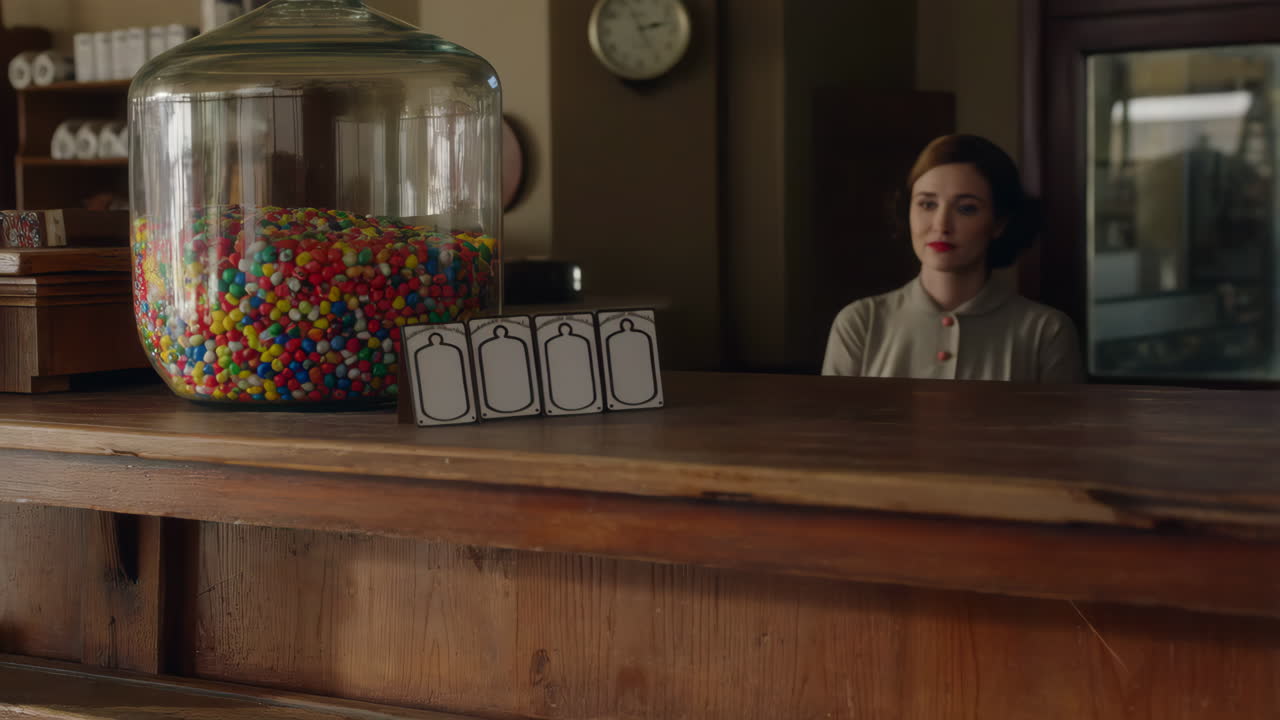 A woman stands behind a wooden counter next to a large jar of colorful candies