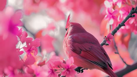 beautiful pink cardinal bird resting on a blossoming tree branch in spring, enjoying the vibrant colors of nature and the warmth of the sun