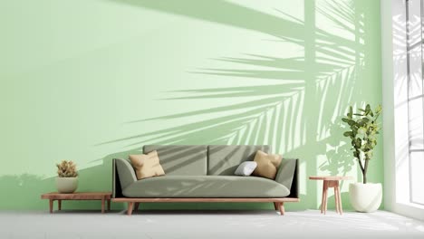 Moderno-Salón-De-Apartamento-Con-Sofá-Y-Sombras-De-Hojas-De-árbol-Moviéndose-En-La-Pared-Verde-Por-La-Suave-Brisa-Del-Viento-De-Verano-Que-Representa-La-Animación