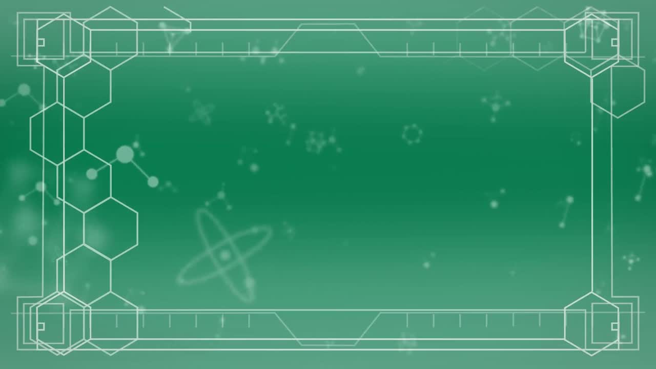 녹색 배경 위에 움직이는 분자와 기하학적 모양의 애니메이션