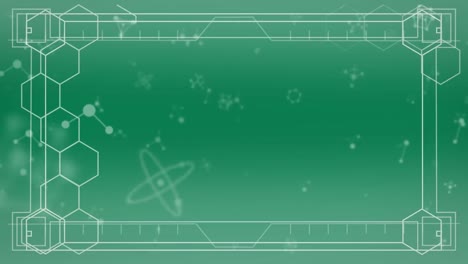 Animation-Von-Molekülen-Und-Geometrischen-Formen,-Die-Sich-über-Grünen-Hintergrund-Bewegen