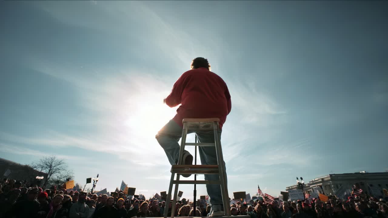 A passionate speaker addresses a large crowd from a stool against a stunning sky backdrop, as the sun shines brightly, capturing the essence of public demonstration and engagement