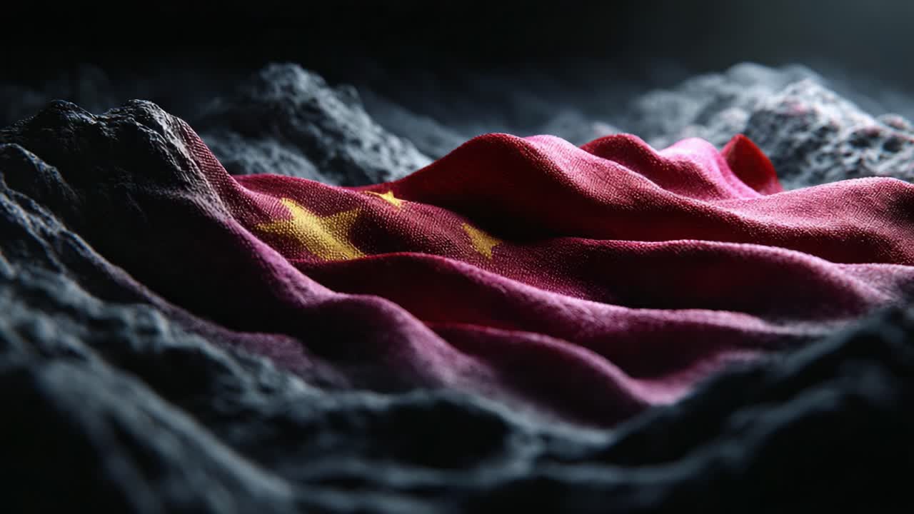 A Captivating Visual Contrast of a Draped Flag Among Rugged Terrain, Highlighting the Texture and Depth of the Fabric in Dramatic Lighting
