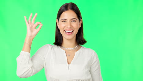 Ok-hands,-face-and-happy-woman-on-green-screen