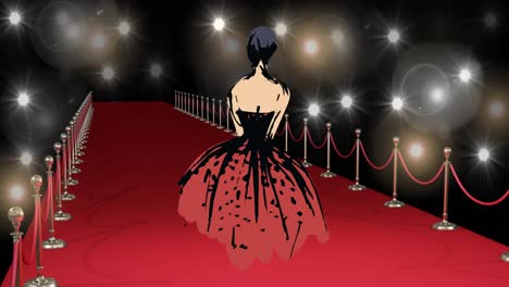 Animation-of-drawing-of-model-on-red-carpet-at-fashion-show,-on-black-background