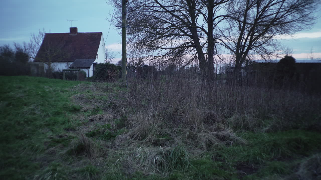 Cottage in countryside in evening light. Tree and house in rural setting.