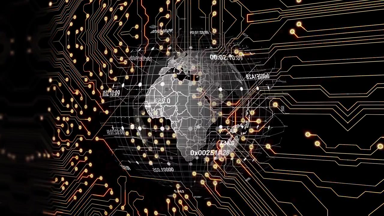 Animation of data processing with globe over computer circuit board on black background
