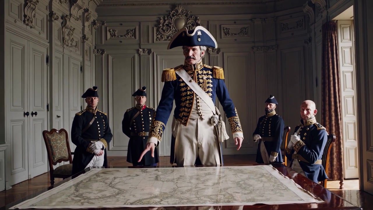 Generale e ufficiali che discutono una mappa nella grande sala di guerra