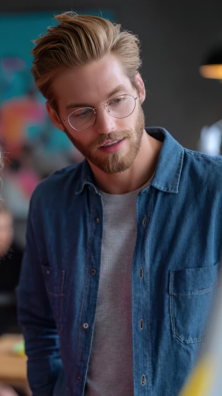 Un giovane uomo con capelli alla moda e occhiali mostra la sua espressione pensierosa in un ambiente dinamico, catturando l'attenzione in un contesto moderno e vivace.