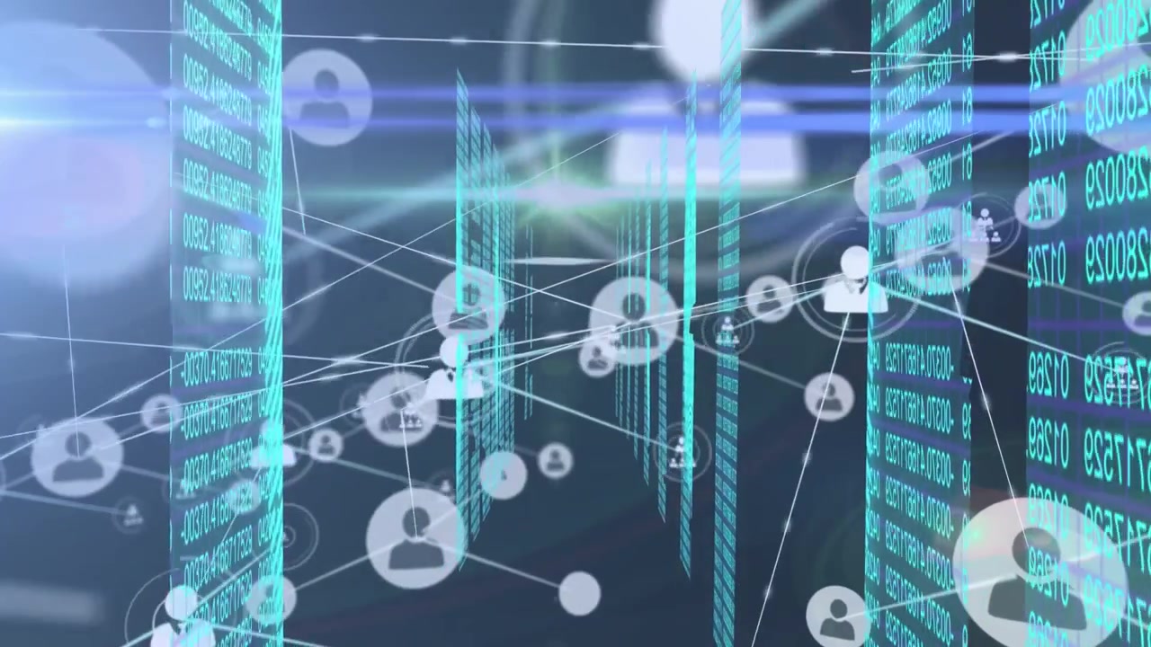 Animation of graphical moving people icons connecting with lines over binary data in loop