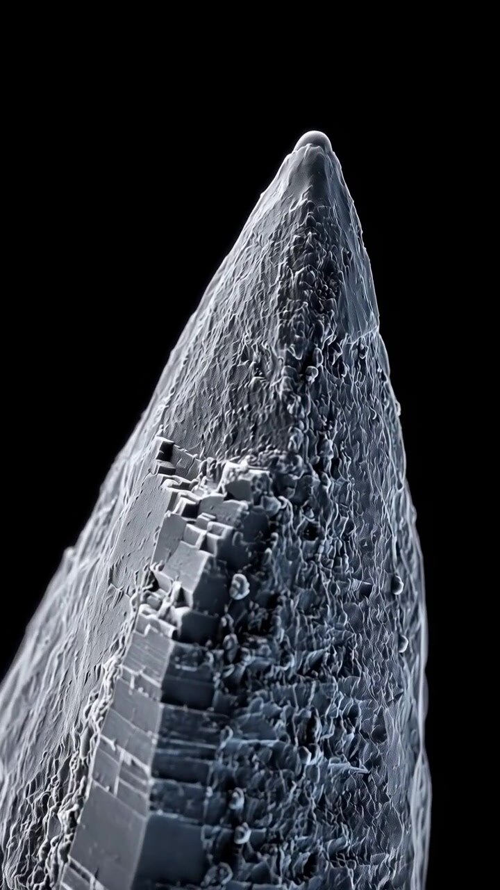 Una prospettiva ravvicinata avanza lungo una forma scultorea scura con un rilievo ruvido e ondulato e fratture angolari a blocchi, terminando vicino a un cappuccio liscio e arrotondato delineato da una luce fredda contro uno spazio nero.