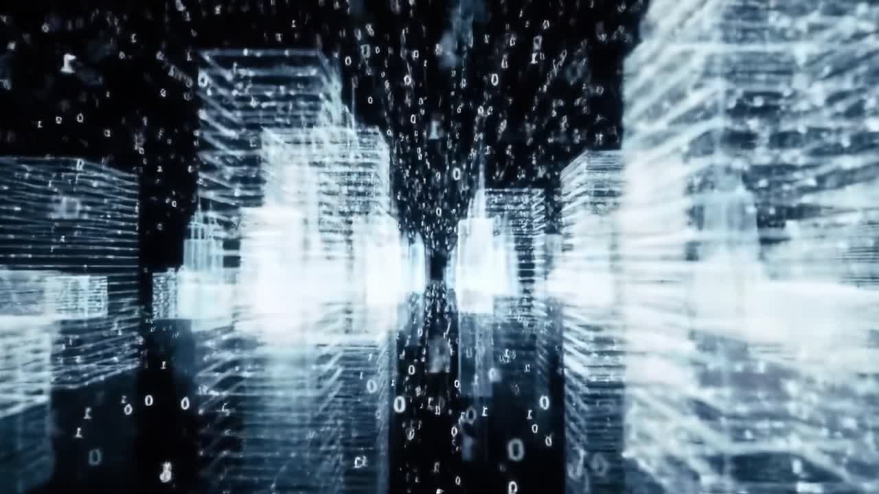 A Futuristic Urban Landscape Where Digital Data Flows Like Rain Over Glimmering Skyscrapers, Creating an Immersive Experience of a High-Tech Cityscape