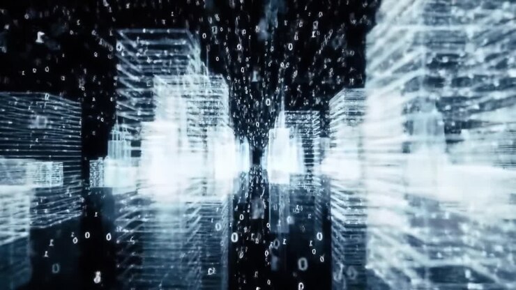 A Futuristic Urban Landscape Where Digital Data Flows Like Rain Over Glimmering Skyscrapers, Creating an Immersive Experience of a High-Tech Cityscape