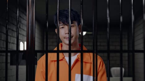 아시안 남성 수감자가 감옥에 서서 머리를 흔들며 자신이 한 일에 대해 화를 내고 있습니다.