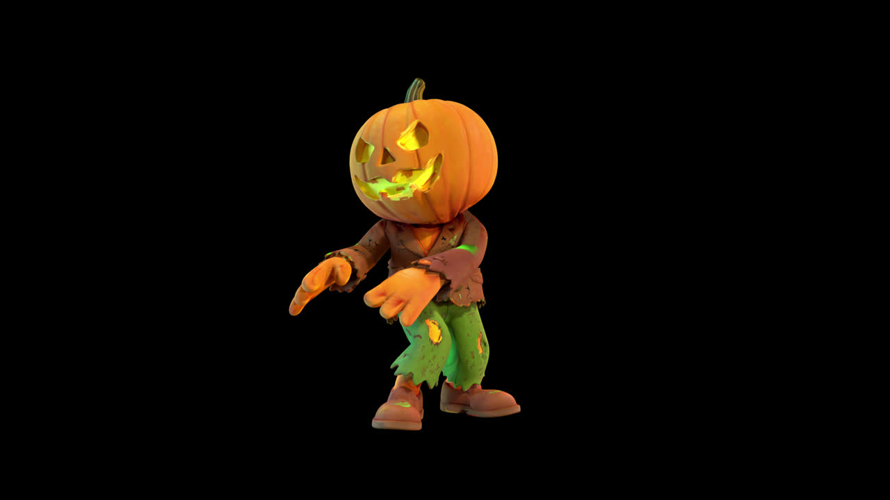 Animated Jack-o'-Lantern Character Dancing on Black Background