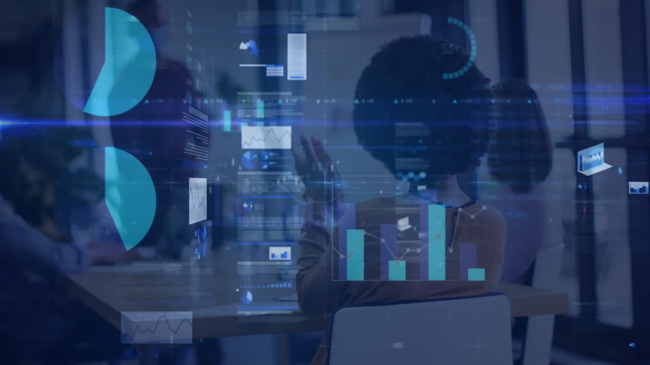 Three colleagues collaborating in business conference room, with floating pie charts and bar graphs