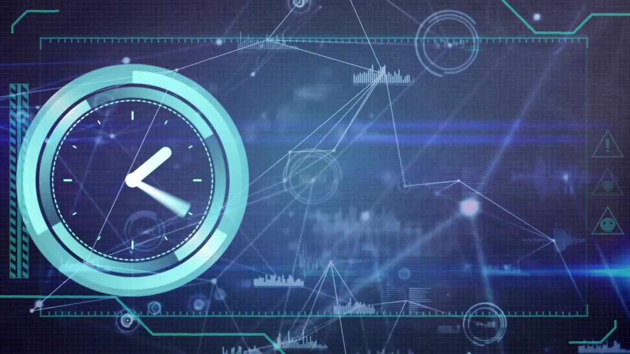 Animazione di un orologio su connessioni e elaborazione dati.