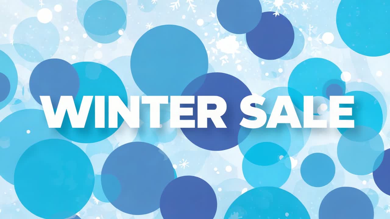 Fading white WINTER SALE text centering on ad with drifting blue circles, snowflakes promoting sale
